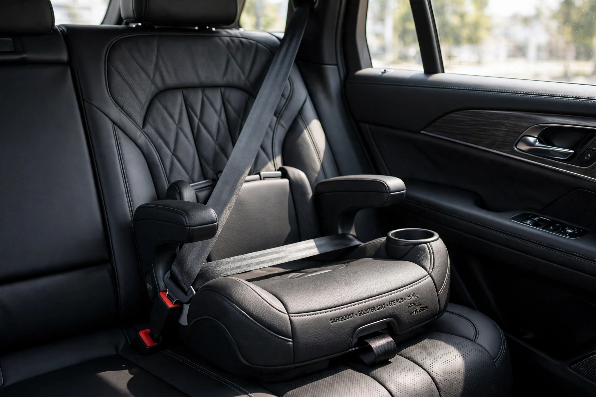 Booster seat installed in a black SUV for family transfers in Seattle