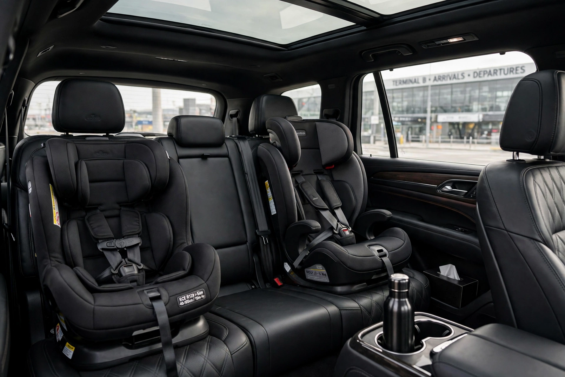 Child car seat and booster seat installed in a luxury SUV for Seattle family airport transfers