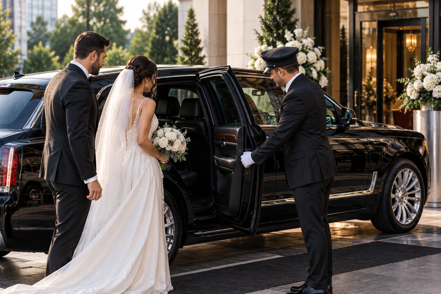 Chauffeur beside a black Escalade for a Bothell wedding